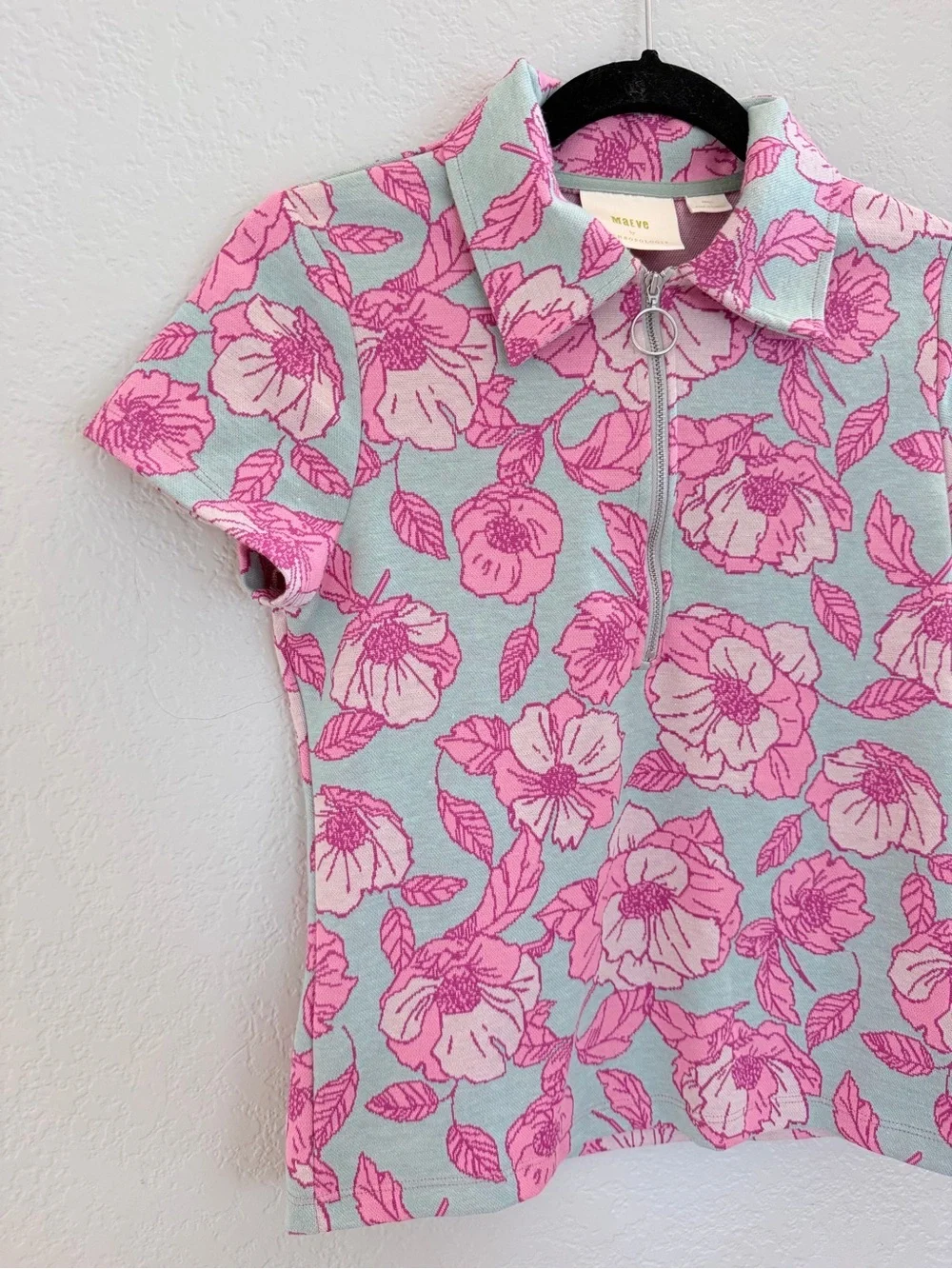 Maeve by Anthropologie Floral Jacquard Zip-Up Polo Top | Pink & Mint | Size S - Picture 3 of 9